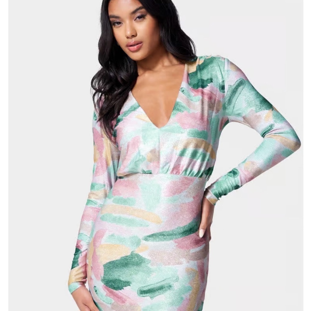 Bebe Printed Blouson Lurex Mini Dress